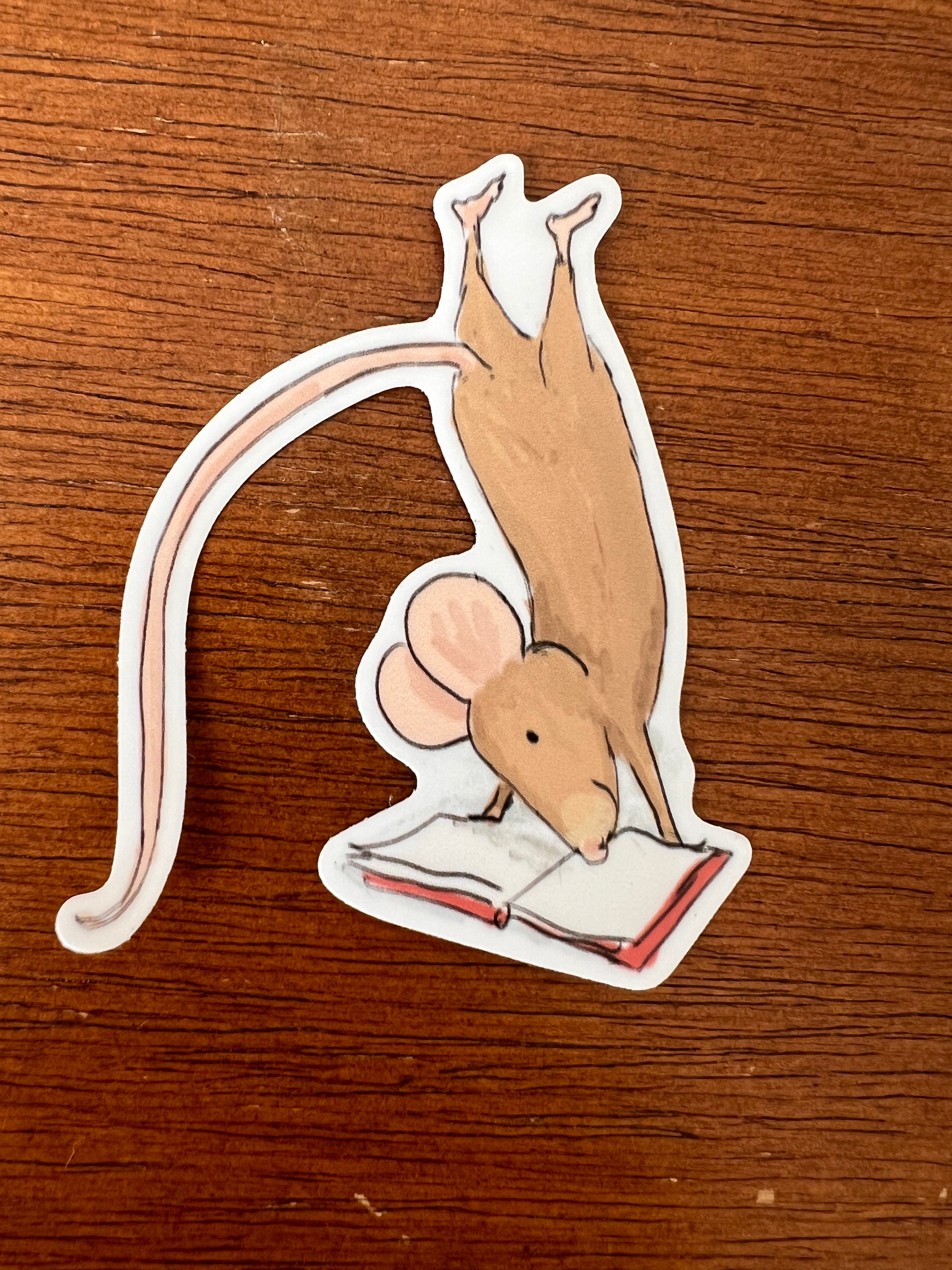 Reading Mouse in Headstand Sticker, 2" x 4"