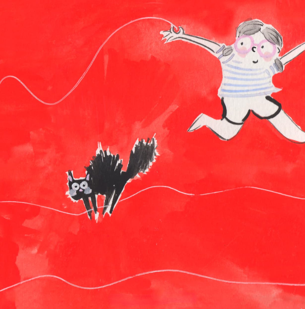 Illustration of a cow and a black cat on a red background