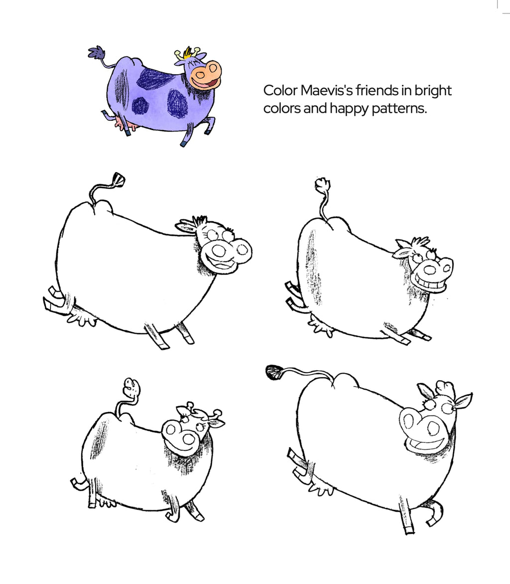 A coloring-page style illustration on a white background showing a cartoon cow with a purple body and orange-yellow face, plus four black-and-white line drawings of the same cow with shading prompts. Text at the top reads, 'Color Maevis's friends in bright colors and happy patterns.