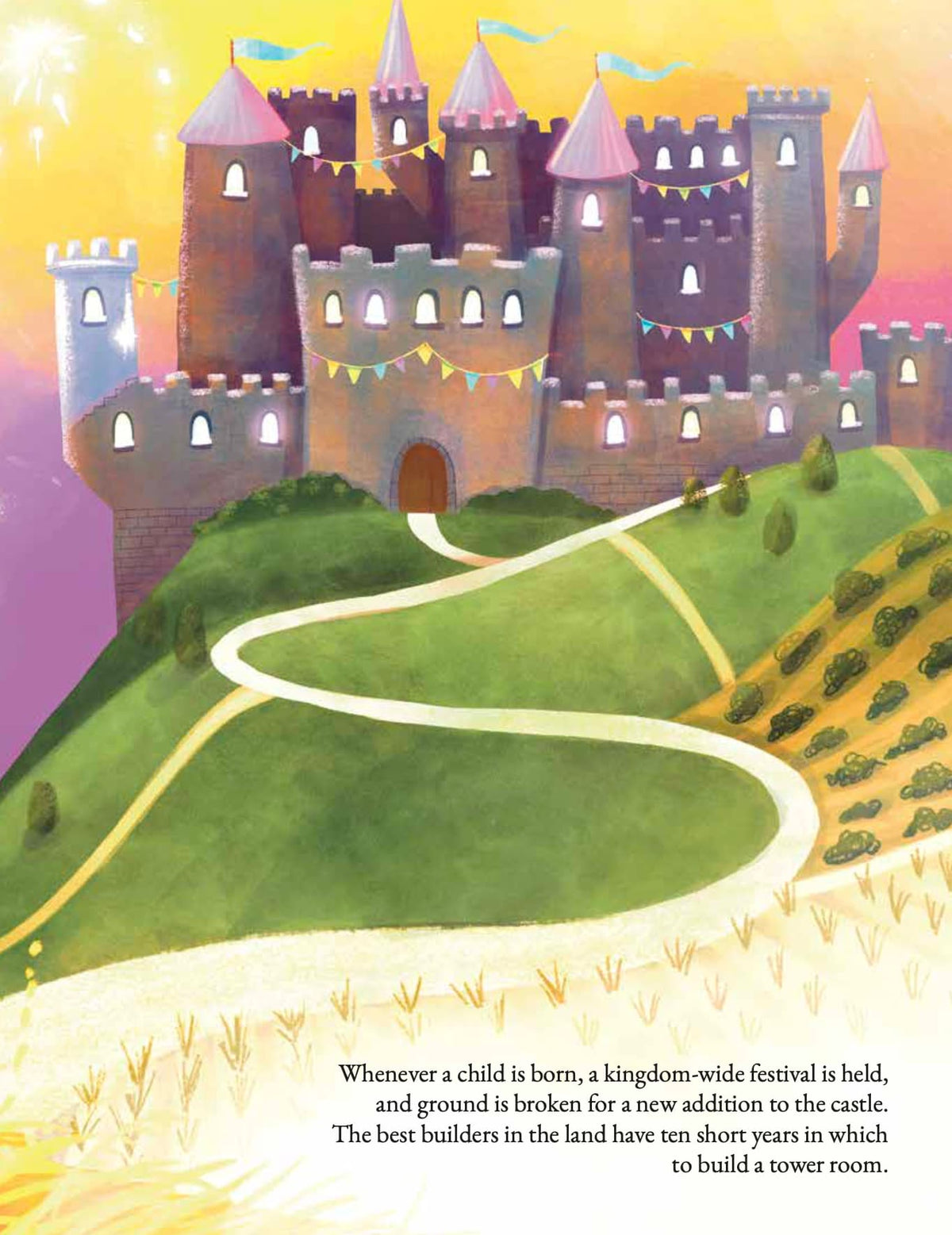 Illustration of a castle on a hill with a winding path, surrounded by greenery and a colorful sky.