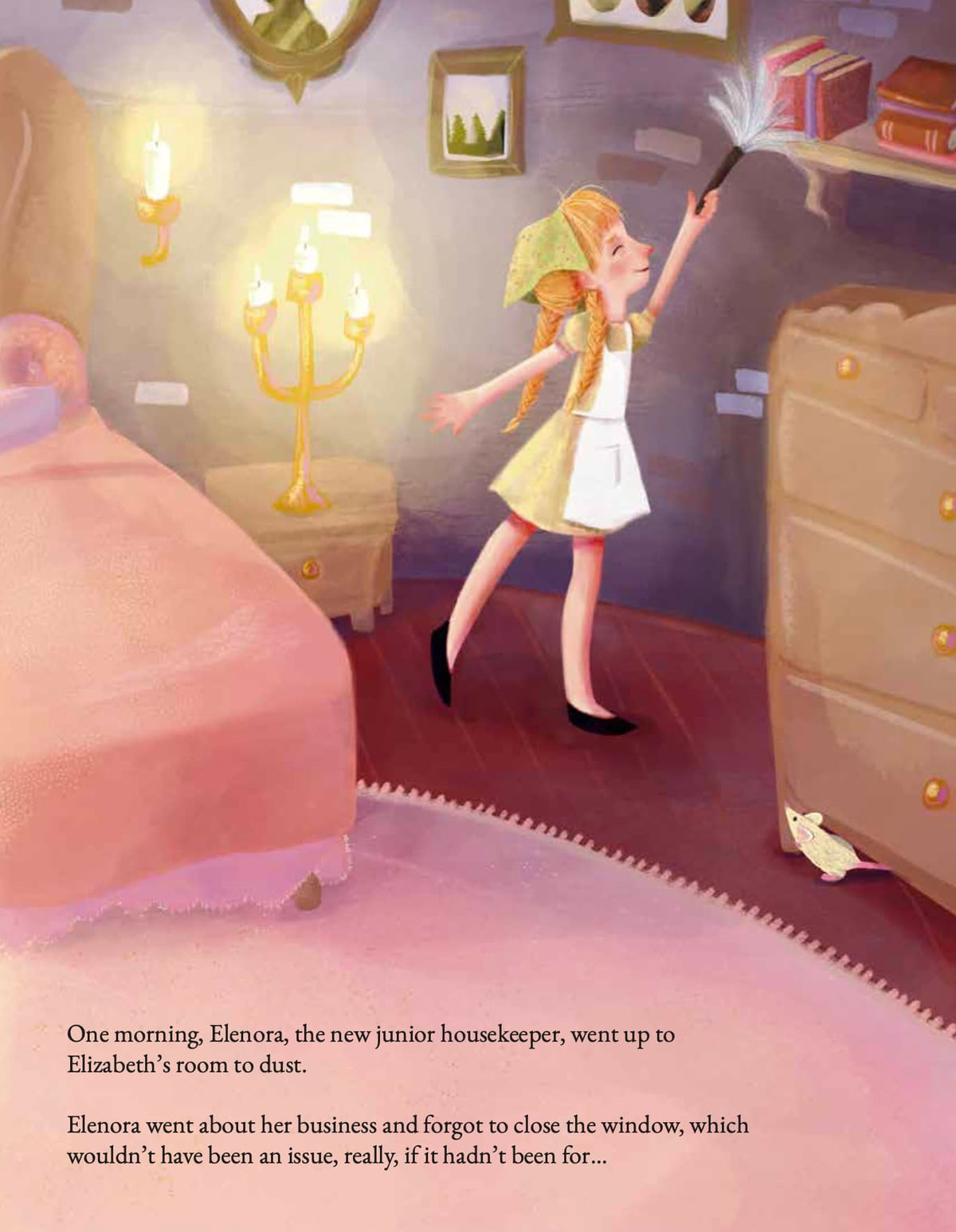 Illustration of a young girl in a bedroom with a dresser and lamp, with text at the bottom.