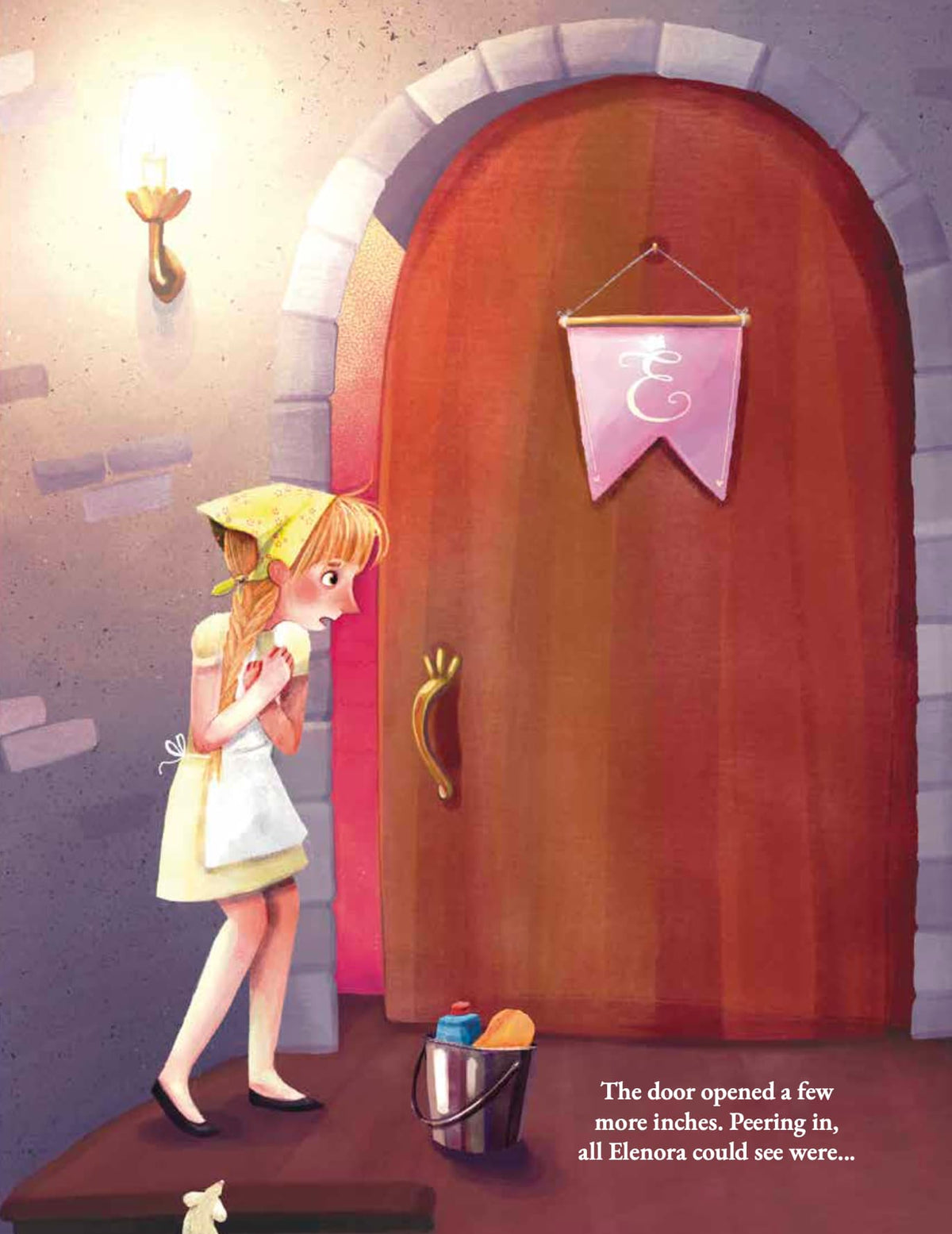 Illustration of a girl peeking through a partially open door with a banner above it.