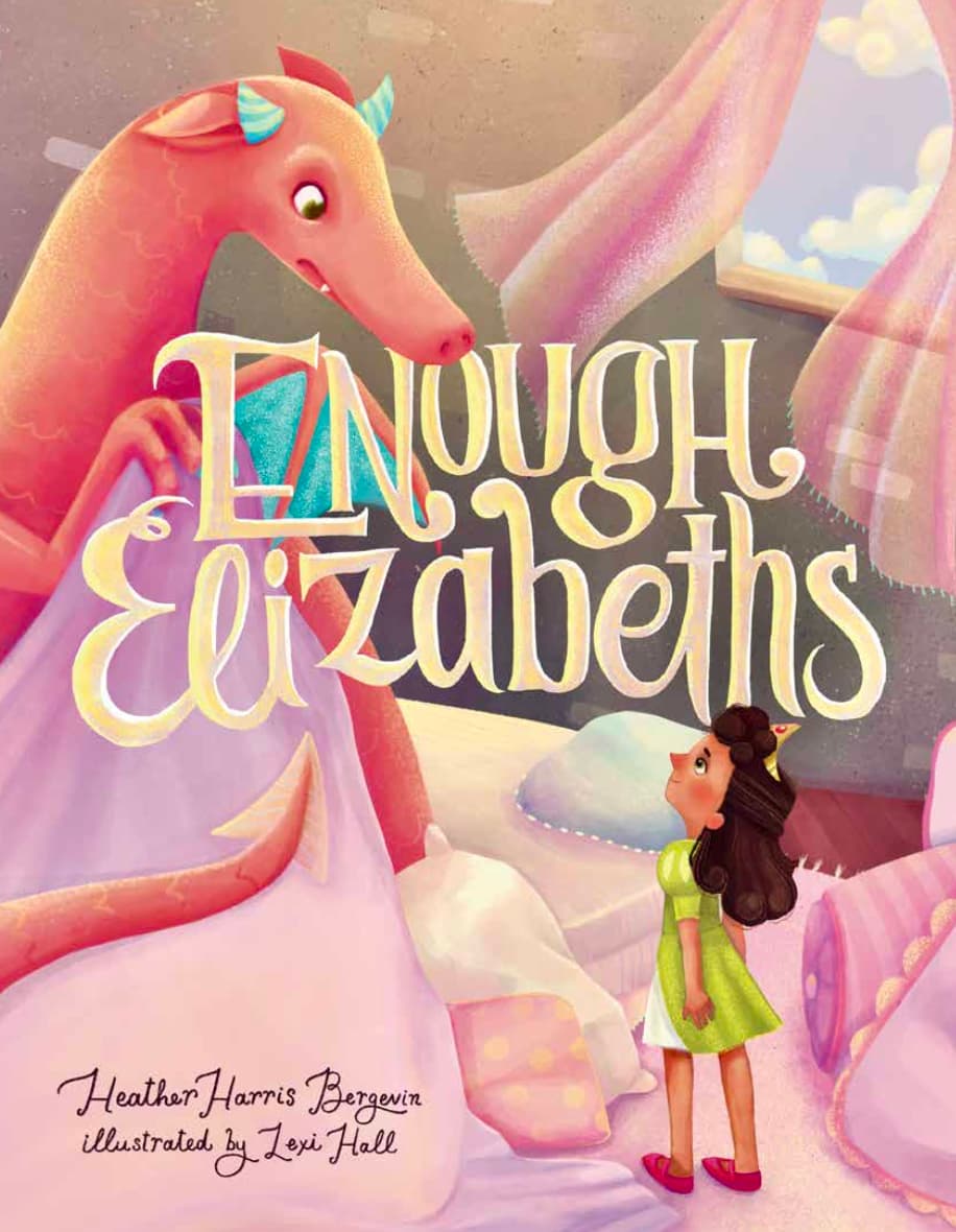 Book cover of 'Enough Elizabeths' with a girl and dragon illustration.