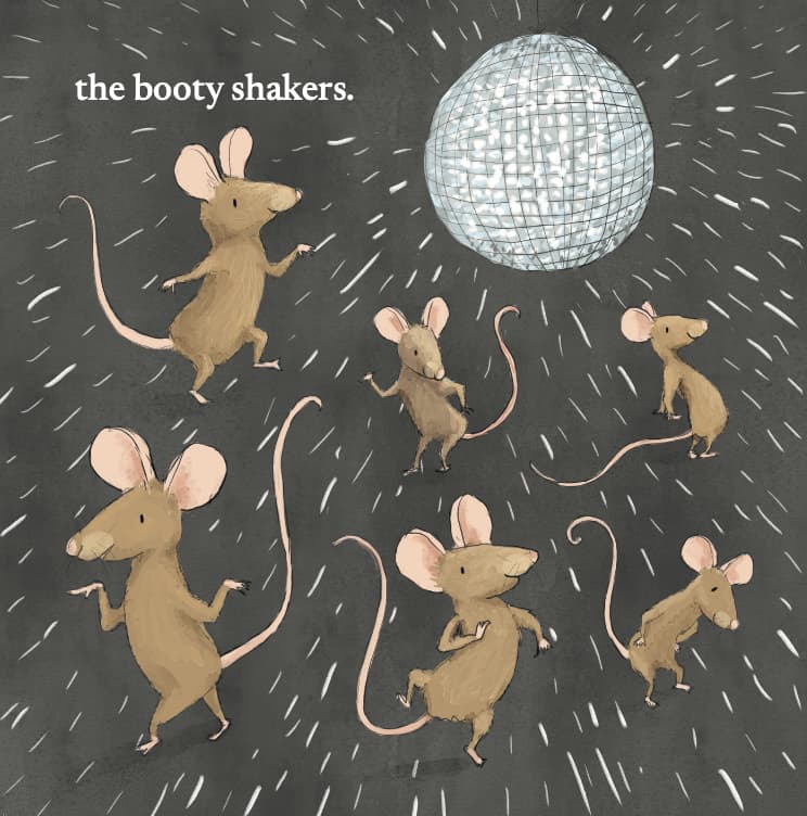 Illustration of mice dancing around a disco ball with 'the booty shakers' text.