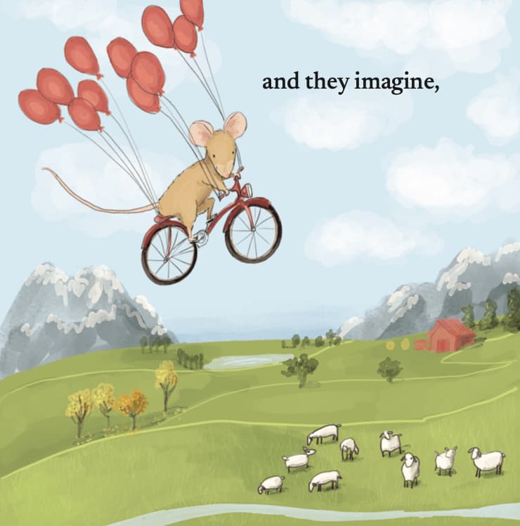 Illustration of a mouse riding a bike with balloons, flying over a landscape with sheep and mountains.