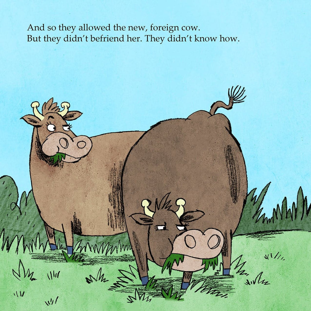 Cartoon illustration of two cows and a purple cow with a yellow face in a grassy field.